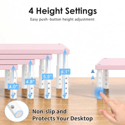 OPNICE Adjustable Monitor Stand Riser for Desk, Wood Computer & Laptop Stand, Desk Organizers and Accessories, Office Desk Accessories & Workspace Organizer for Home Office Supplies, Pink - color: Pink, size: Adjustable Height