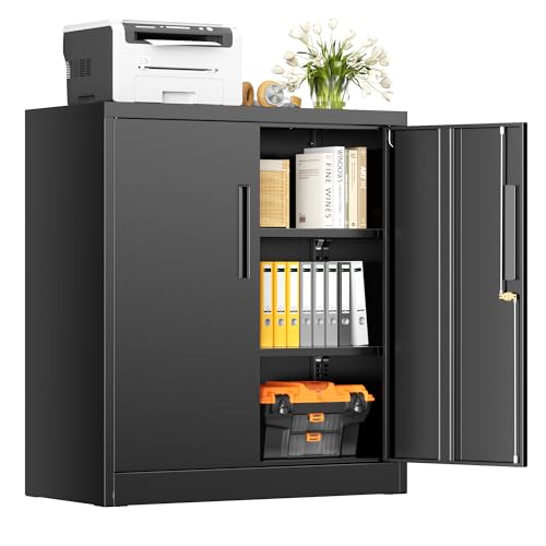 Steel Storage Cabinet with Lock, Lockable Metal Storage Cabinets with 2 Adjustable Shelves, Black Counter Height Garage Cabinet - color: Black, size: 36" High