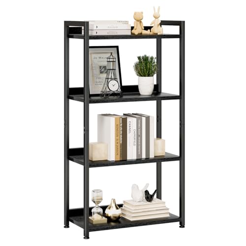NUMENN Bookshelf, 4 Tier Freestanding Shelving Unit, Black | Metal Frame & Wood Shelves, Falling Prevention Baffle, Open Storage Bookcase for Bedroom, Living Room & Home Office - color: Black, size: 4 Tier(Wide)