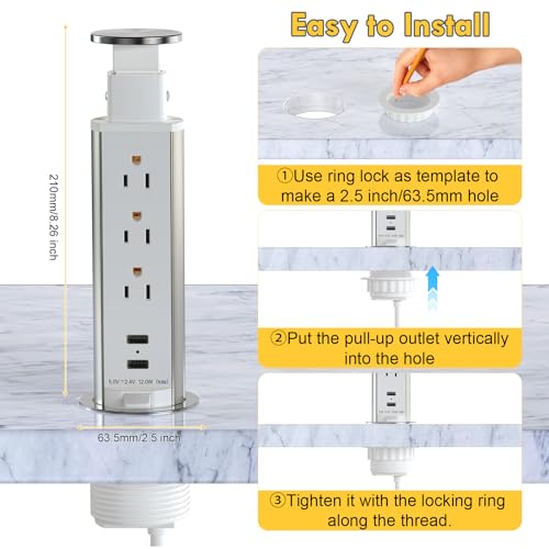 Pop Up Outlet for Countertop, Receptacle Power Strip with 3 AC Outlet 2 USB Ports, Pull Pop Up Power Socket Outlet, 2.5" Hole Recessed Outlet for Kitchen Counter Conference Desk Office, White - color: White