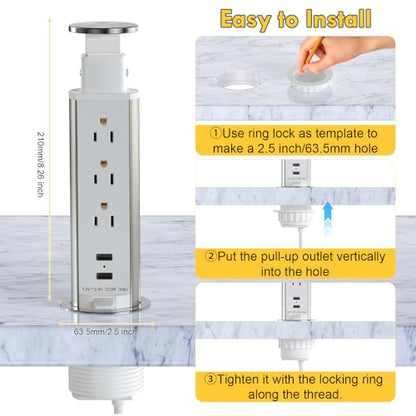 Pop Up Outlet for Countertop, Receptacle Power Strip with 3 AC Outlet 2 USB Ports, Pull Pop Up Power Socket Outlet, 2.5" Hole Recessed Outlet for Kitchen Counter Conference Desk Office, White - color: White