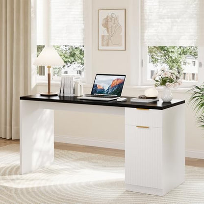 Garvee Executive Desk with Drawer and Power Outlet | 61" Large Farmhouse Computer Desk Home Office Wood Executive Desk with Adjustable Shelf for Work Study Writing,White/Black - color: White-black