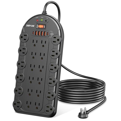 6.5 FT Extension Cord, 24 Outlet Surge Protector with 6 USB for Home Office | ETL Listed, 3400 Joules, Wide Spaced for Bulky Plugs, 6.5FT Cord Keeps Desk Tidy, Flat Plug, Mountable, Black, for PC Gaming - size: 6.5 FT