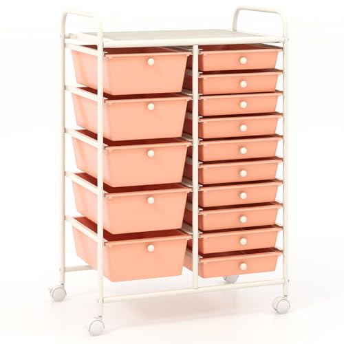 COSTWAY 15 Drawer Rolling Storage Cart, Mobile Utility Cart with Lockable Wheels, Drawers, Multipurpose Organizer Cart for Home, Office, School, Peach - color: Peach