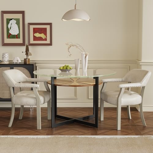 LEEMTORIG Set of 2 Faux Leather Dining Chair with Arms, Dining Chair with Supportive Back, Game Poker Table Chairs, Boss Caption's Chairs Office Desk Chairs, Soft Grey Legs & Beige PU CY-NX173-WT - color: Soft Grey Legs & Beige Pu, size: Set of 2