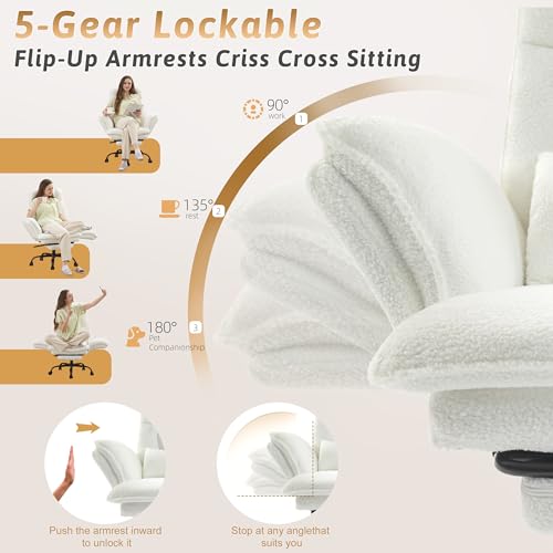 Wider Seat Office Chair with Flip Armrests for Criss Cross Legged&Cats, Big and Tall Executive Ergonomic Reclining Chair with Footrest&Lumbar Pillow, Teddy Fleece Desk Chair,White Vanity Chair - color: White