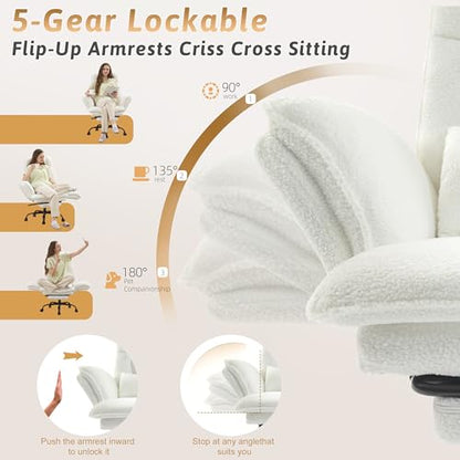 Wider Seat Office Chair with Flip Armrests for Criss Cross Legged&Cats, Big and Tall Executive Ergonomic Reclining Chair with Footrest&Lumbar Pillow, Teddy Fleece Desk Chair,White Vanity Chair - color: White