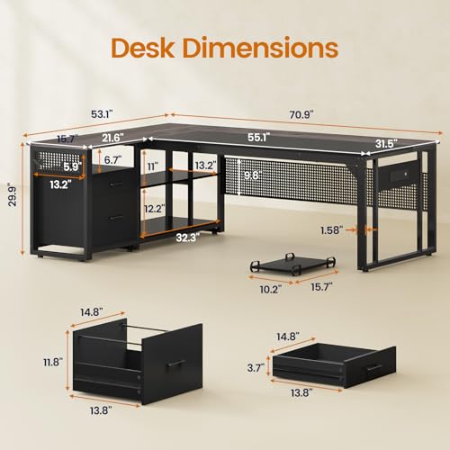 UPOSOJA 71" L Shaped Executive Desk, Office Desk with Storage Drawers - color: Grey, size: 2 Drawers