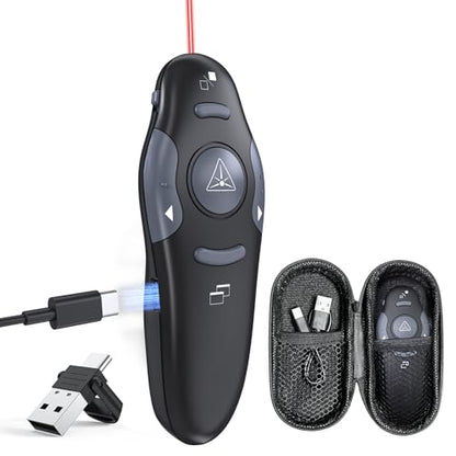 Presentation Clicker with Storage Case, Rechargeable 2-in-1 USB-A & USB-C | Protective Storage Case, 2-in-1 USB-A & USB-C Receiver, Plug & Play, 50FT Range, PowerPoint, Keynote, Mac & Windows - style: Red Light+Case