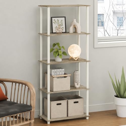 Furinno Turn-N-Tube Toolless Assembly 5-Tier Storage Shelves, Book Shelf, Open Storage Bookshelf, for Organization and Storage, Living Room, Home Office, Bedroom, Light Oak - color: Light Oak/White