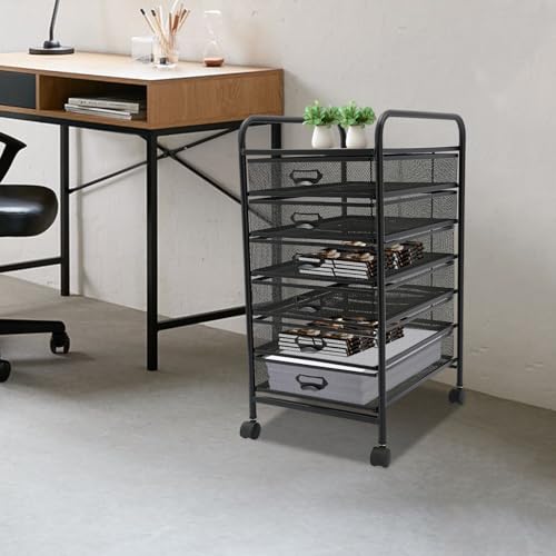 Rolling File Cabinet with 6 Drawers, Filing Cart Under Desk Storage Office Organizer with Table Top & Wheels, Utility Cart File Folder Printer Stand, L11.8×D15×H24.4in, Black - size: 6 Tier