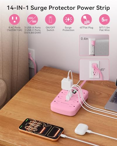 Pink Extension Cord with 6 USB(3 USB-C) 8 Outlets, Flat Plug Power Strip - size: 5 FT-Pink-Three Prong