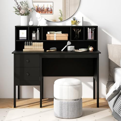 LDAILY Modern Home Office Desk with Hutch, Office Desk with USB Charging Ports and Power Outlets, Computer Desk with 5 Storage Cubbies and 2 Drawers, Writing Study Desk for Bedroom (Black) - color: Black