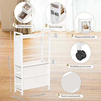 Oppro 2 Drawer Small Narrow Side End Table, Slim Nightstand with Wheels - color: White, size: 2 Drawers