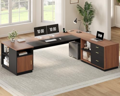 UPOSOJA 78.7" L Shaped Executive Desk with Lateral File Cabinet, Extra Large Office Desk with Drawers & Power Outlets, Modern Corner Computer Desk with Storage Shelves, Business Furniture, Walnut - color: Walnut