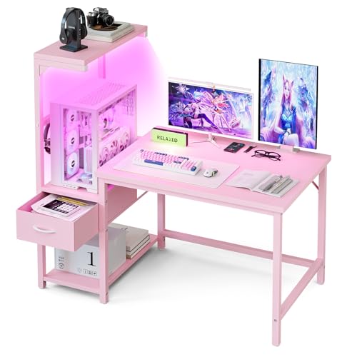 Grandder Gaming Desk 41 Inch with CPU Stand and LED Light, Computer Desk with Reversible Shelves and Storage Drawer, Pc Small Desk for Home Office Table with Bag, Pink - color: Pink, size: 41 Inch