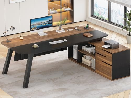 SEDETA 71" L Shaped Executive Desk with File Cabinet & Power Outlet - color: Walnut