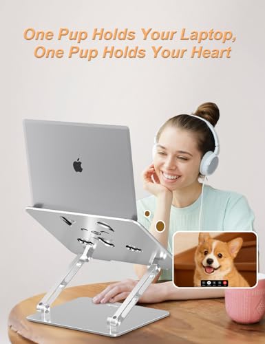 Aoviho Aluminum Laptop Stand for Desk Fit for All 10"-17.3" Laptops, Silver | Height-adjustable Notebook Holder, Ergonomic Computer Riser with Unique Puppy Cooling Vent, for Mac, Dell, Lenovo, HP - color: Silver