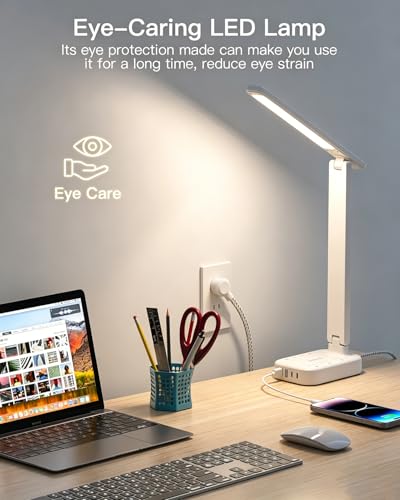 LED Desk Lamp, 10Ft Power Strip with 3 Outlets 4 USB Ports(2 USB C), White - color: White, size: 10 Ft