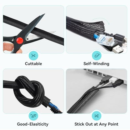 Self-Wrapping Braided Cable Sleeve, 13mm(0.51") Diameter 3M(9.84ft) Cable Management Tube, PET Wire Tidy Organiser for PC TV Home Office, Black - color: Black