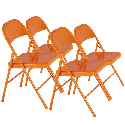 VECELO Metal Folding Chairs 4 Pack, Double Hinged Steel Frame Easy Foldable&Stackable for Office Kitchen Dinning Wedding Patio and Garden,Orange,Set of 4 - color: Orange