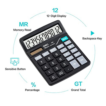 Calculator, Deli Standard Function Desktop Calculators with 12 Digit Large LCD Display and Sensitive Button, Solar Battery Dual Power Office Calculator, Black - color: Black