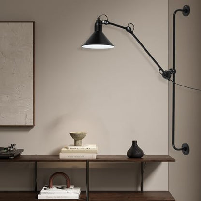 Industrial Swing Arm Wall Lamp Plug-in Wall Lights with On/Off Cord Matte Black Metal Industrial Reading Light Fixture Wall Mounted for Bedside Bedroom Living Room Adjustable Lampshade 360degree