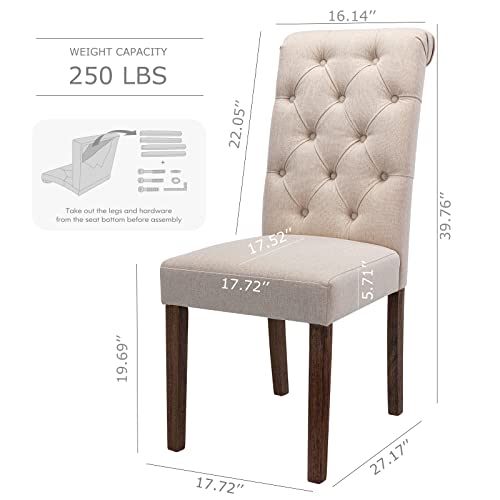 COLAMY Button Tufted Dining Chairs Set of 6, Accent Parsons Diner Chair Upholstered Fabric Dining Room Chairs Stylish Kitchen Chairs with Solid Wood Legs and Padded Seat - Dark Beige - color: Beige, size: set of 6
