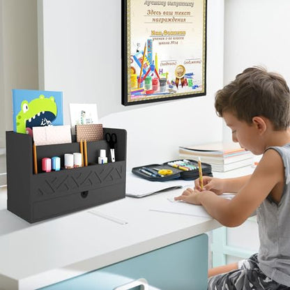 Wisuce Bamboo Mail Organizer with Drawer, Countertop Desk Organizer(Black) | Made from Natural Bamboo Multi-Compartment Design Built-In Drawer No Assembly Required - color: 1 Black