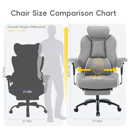 DJ·Wang Big and Tall Office Chair with Foot Rest, High Back Executive Office Chair PU Leather, Ergonomic Chairs with Lumbar Support, 135° Reclining Chairs with Thickened Spring Cushion Gray - color: Pu Gray