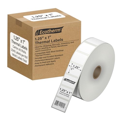 1.25" x 1" Thermal Labels | 6 Rolls | 14040 Labels | fits Zebra, Godex, Arkscan, iDPRT, Offnova Thermal Label Printers and More | Blank White Adhesive Stickers by Ecotherm - size: 1.25 x 1 - 14040 Labels