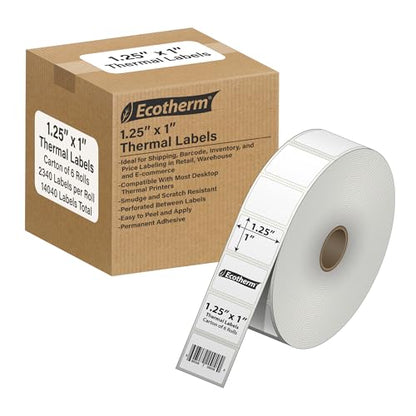 1.25" x 1" Thermal Labels | 6 Rolls | 14040 Labels | fits Zebra, Godex, Arkscan, iDPRT, Offnova Thermal Label Printers and More | Blank White Adhesive Stickers by Ecotherm - size: 1.25 x 1 - 14040 Labels