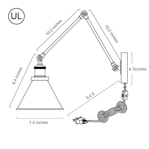 LALUZ Black Wall Sconces Lighting, Modern Swing Arm Plug-in or Hardwired Adjustable Wall Lamp with Antique Silver Finish for Bedroom, Kitchen, and Living Room - size: 12" W Antique Silver