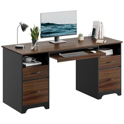 Bestier 59” Computer Desk with 4 Drawers, Office Desk with Storage, Industrial Executive Desk with File Drawer, Keyboard Tray & 2 Pedestals for Home Office & Studio, Cherry - color: Cherry