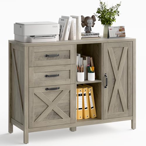 Halitaa Farmhouse Lateral File Cabinet with 3 Drawers and Door, Grey - color: Rustic Grey, size: 28.34"H