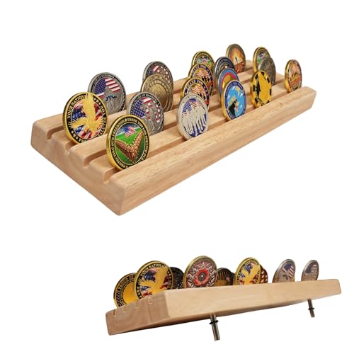 ASmileIndeep 4 Row Military Challenge Coin Display Holder Wood Stand Case Holds 30 Coins Army Police Rack for Desk, Original Wood Finish - color: Log, size: Large