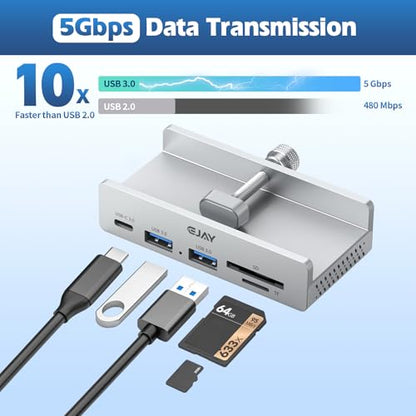 EJAY Clamp USB Hub 5-in-1 USB C Hub 4.92ft Cable for iMac & PC - color: Silver