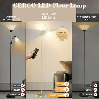 GERGO Torchiere Floor Lamp with Remote Control and Adjustable Reading Light - color: Golden