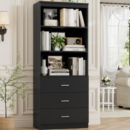 FOTOSOK 71" Black Bookshelf with 3 Drawers, Tall Bookshelf and Bookcase | 6-Tier Wide Bookshelf with 3 Open Shelves, Tall Bookcase Large Book Shelf Standing Book Case for Home Office, Whit - color: Black