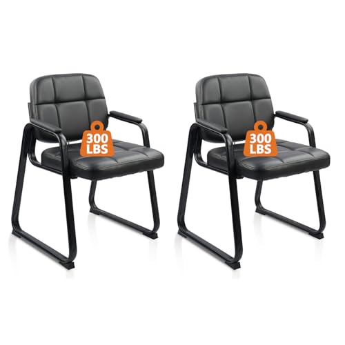 CLATINA Waiting Room Chairs No Wheels Set of 2, Stationary Leather Office Reception Guest Chair with Padded Arms and Sled Base for Elderly Desk Conference Room Lobby Table Side Salon - color: Inky, size: 2 Pack