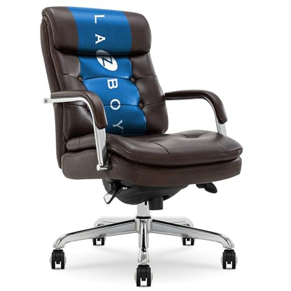 La-Z-Boy Sonata Executive Mid-Back Office Chair, Button-Tufted Seat and Back, Double-Layer Cushion, Padded Armrests, Ergonomic Computer DeskChair, Swivel Metal Base, Bonded Leather, Dark Brown/Chrome - color: Dark Brown and Chrome
