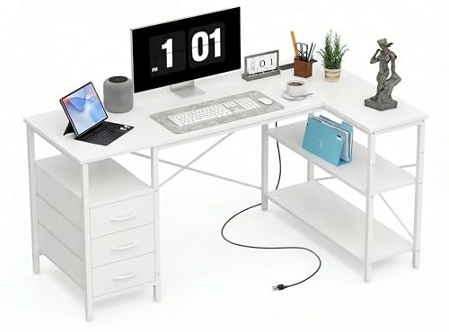 Alpen L Shaped Computer Desk, 55 Inch Corner Desk with Drawers and Power Outlets, Home Office Desk for Gaming, Study Writing PC Table with Storage and Reversible Shelf, White - color: White, size: 55 Inches