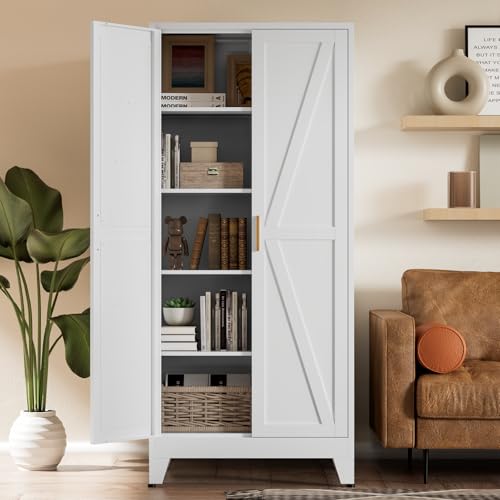COFaR 5 Tier Metal Farmhouse Storage Cabinet with 2 Barn Door, 4 Adjustable Shelves and Legs, for Kitchen, Dining Room, Bathroom, Living Room, Office - color: White, size: 71" Farmhouse