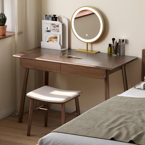 100% Solid Wood Desk with Drawers, Mid Century Modern Writing Desk, Walnut Color Office Desk for Study Bedroom Living Room 31.49" W - color: Walnut-rubberwood-4, size: 31"W