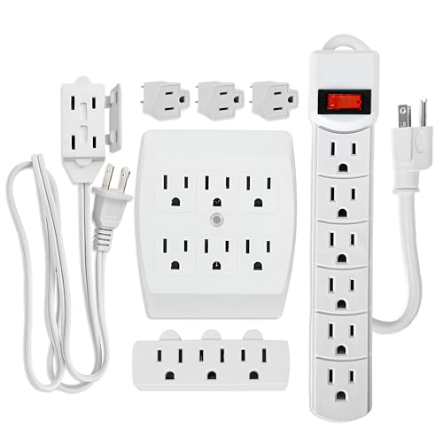 7 Piece Power Value Pack Multi-Outlet Kit Set Includes 6 Outlet Power Strip, 6 Outlet Extender, 3 Outlet Extender, 5 Ft Indoor Extension Cord, 3 Pcs 3 to 2 Prong Adopters, White - color: White
