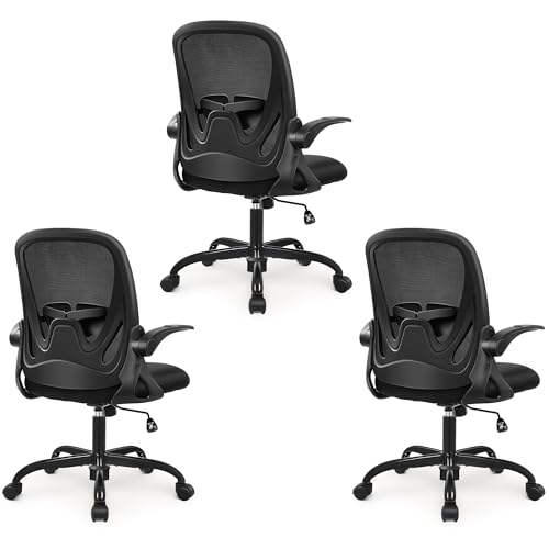 3-Pack Office Chair Ergonomic Desk Chair with Flip up Armrests Swivel Breathable Desk Mesh Computer Chair with Adjustable Lumbar Support and Height for Conference Room (Black) - color: Black 3pack
