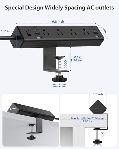 Jgstkcity Desk Clamp Power Strip 40W USB C,8 Outlets,8 USB,6FT,Black | 40W Fast Charging Station,4 USB-C,4 USB-A,Furniture Nightstand Edge Mount Surge Protector, Fits 1.9" Tabletop Edge - color: Black, size: 6FT Length