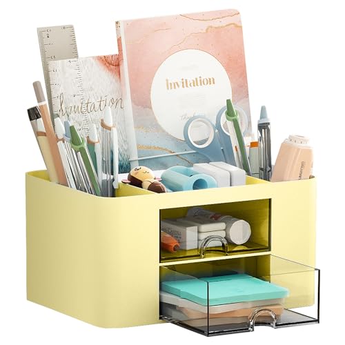 Marbrasse Pen Organizer with 2 Drawer, Multi-Functional Pencil Holder for Desk, Desk Organizers and Accessories with 5 Compartments + Drawer for Office Art Supplies (Yellow) - color: Yellow