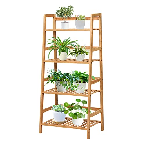 COSTWAY 4-Tier Ladder Shelf, Bamboo Plant Stand Rack | Freestanding Bookcase, Flower Stand Rack Holder for Garden, Balcony, Living Room, Bedroom (Natural) - color: Natural, size: 19" x 12.5" x 45" (L x W x H)