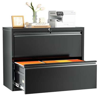 Lateral File Cabinet 2 Drawer, Black Metal File Cabinets for Home Office, Locking File Cabinet for Letter/Legal/F4/A4 Size Hanging Files, Easy Assembly